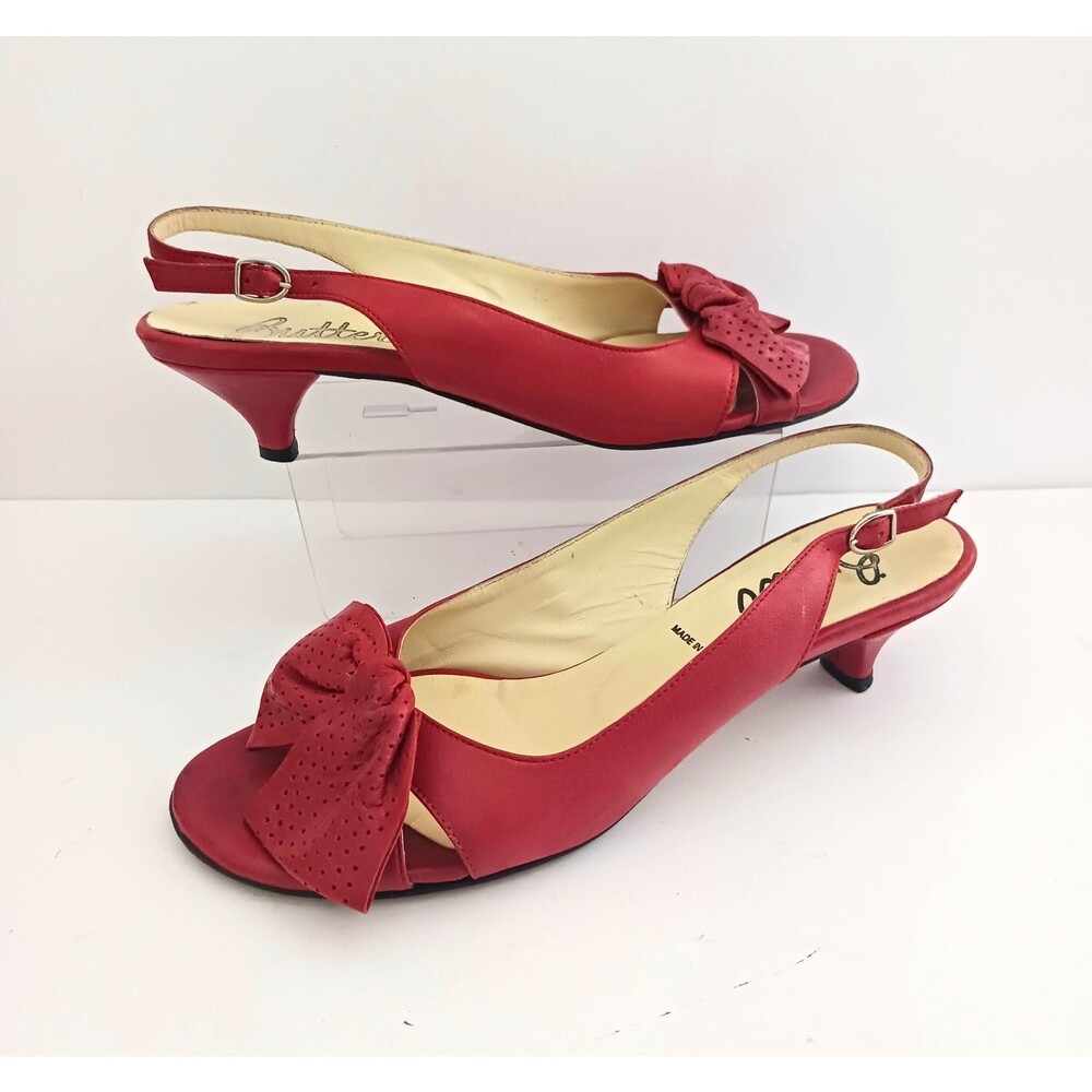 Butter Red Leather Kitten Heel Slingback Handcrafted In Italy Bow Accent 9B